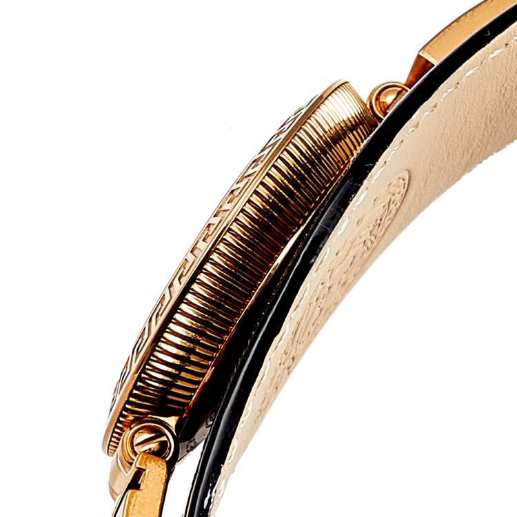 Pre Owned Versace Black Rose Gold Plated Stainless Steel Leather V-Signature VLA020014 Women's Wristwatch 35 mm 
