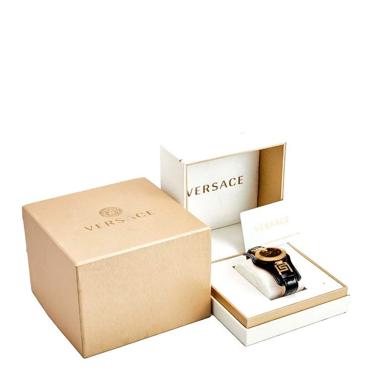 Pre Owned Versace Black Rose Gold Plated Stainless Steel Leather V-Signature VLA020014 Women's Wristwatch 35 mm 