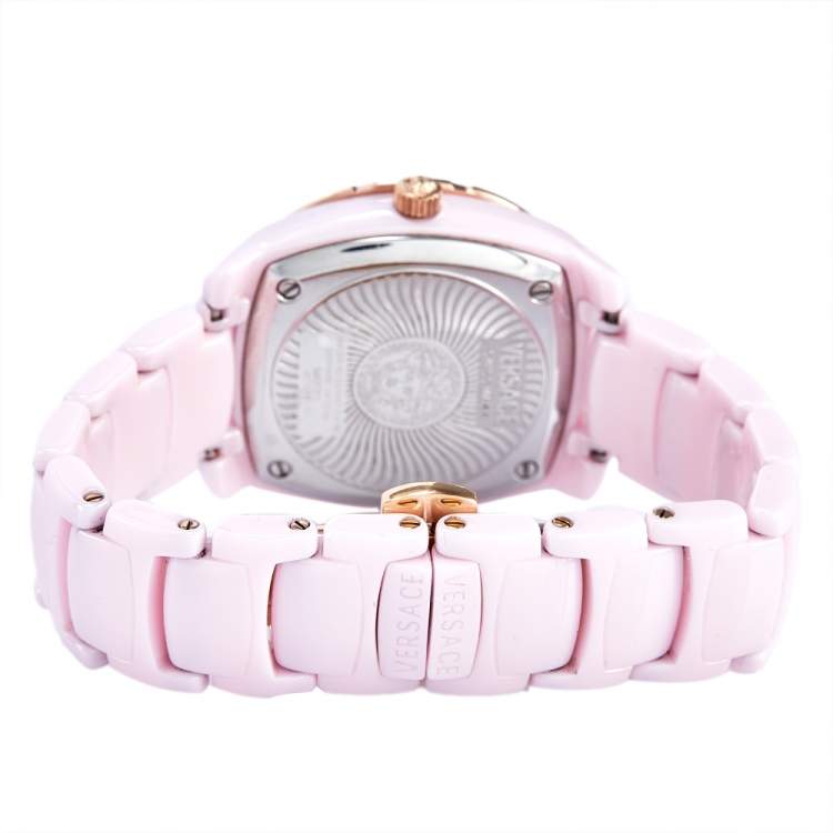 Pre Owned Versace Pink Mother of Pearl Pink Ceramic Rose Gold Plated Stainless Steel DV One 63QCP5 Women's Wristwatch 35 mm