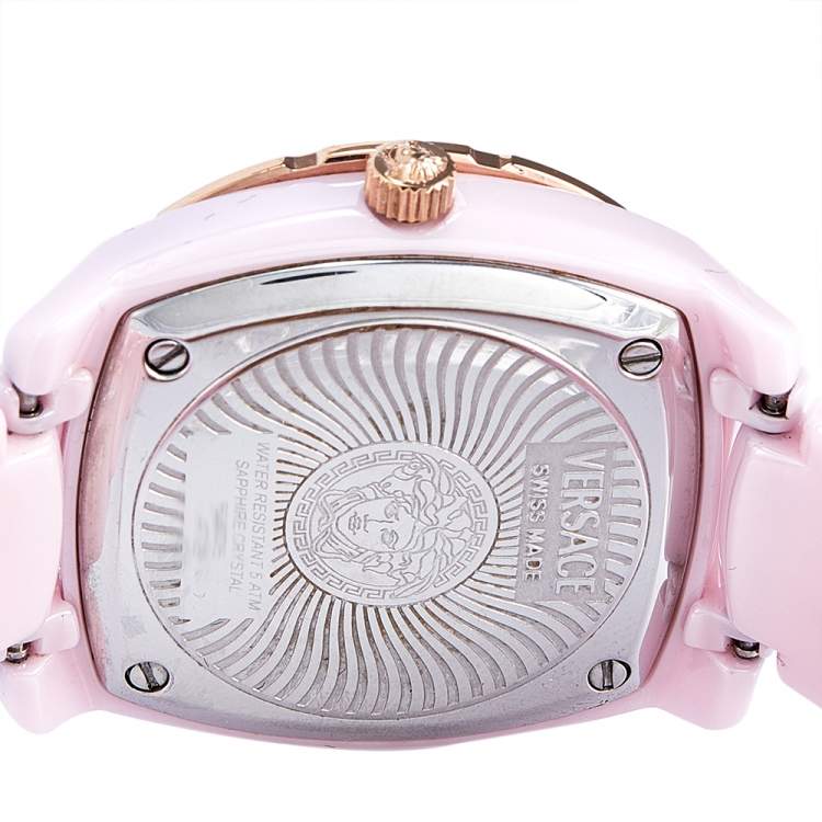 Pre Owned Versace Pink Mother of Pearl Pink Ceramic Rose Gold Plated Stainless Steel DV One 63QCP5 Women's Wristwatch 35 mm