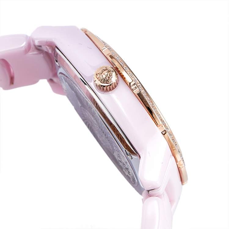 Pre Owned Versace Pink Mother of Pearl Pink Ceramic Rose Gold Plated Stainless Steel DV One 63QCP5 Women's Wristwatch 35 mm