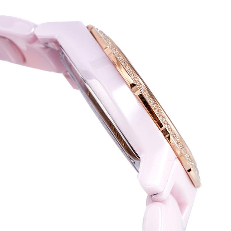 Pre Owned Versace Pink Mother of Pearl Pink Ceramic Rose Gold Plated Stainless Steel DV One 63QCP5 Women's Wristwatch 35 mm