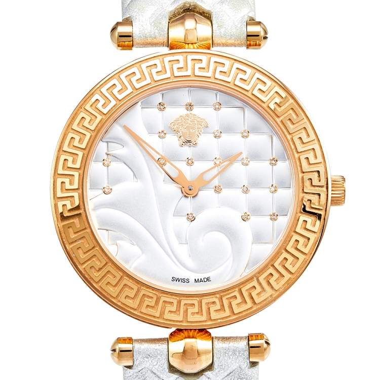 Pre Owned Versace Silver Rose Gold Plated Stainless Steel Vanitas VK7 Women's Wristwatch 40 mm