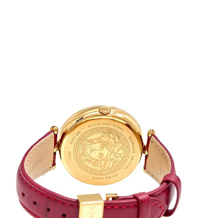 Pre Owned Versace Red Yellow Gold Plated Stainless Steel Leather Palazzo VCO120017 Women's Wristwatch 39 mm 