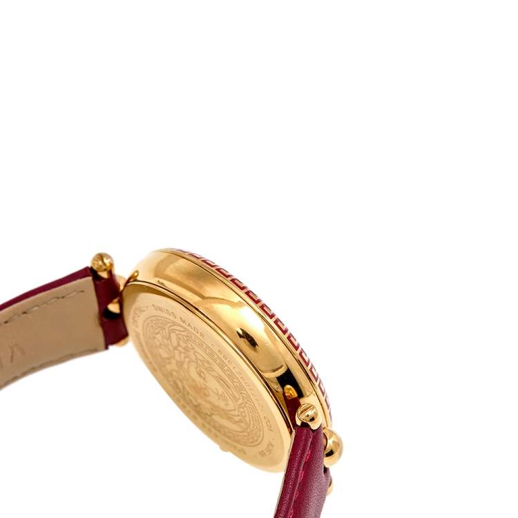 Pre Owned Versace Red Yellow Gold Plated Stainless Steel Leather Palazzo VCO120017 Women's Wristwatch 39 mm 