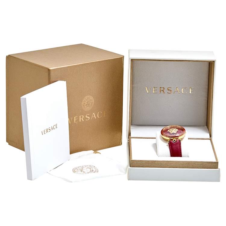 Pre Owned Versace Red Yellow Gold Plated Stainless Steel Leather Palazzo VCO120017 Women's Wristwatch 39 mm 