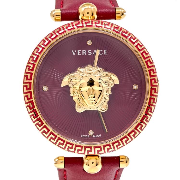 Pre Owned Versace Red Yellow Gold Plated Stainless Steel Leather Palazzo VCO120017 Women's Wristwatch 39 mm 