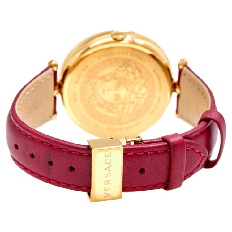 Pre Owned Versace Red Yellow Gold Plated Stainless Steel Leather Palazzo VCO120017 Women's Wristwatch 39 mm 
