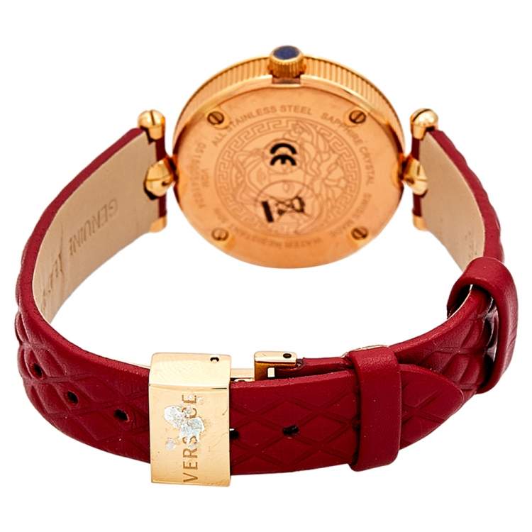 Pre Owned Versace Red Rose Gold Plated Stainless Steel Leather Vanitas VQM Women's Wristwatch 30 mm