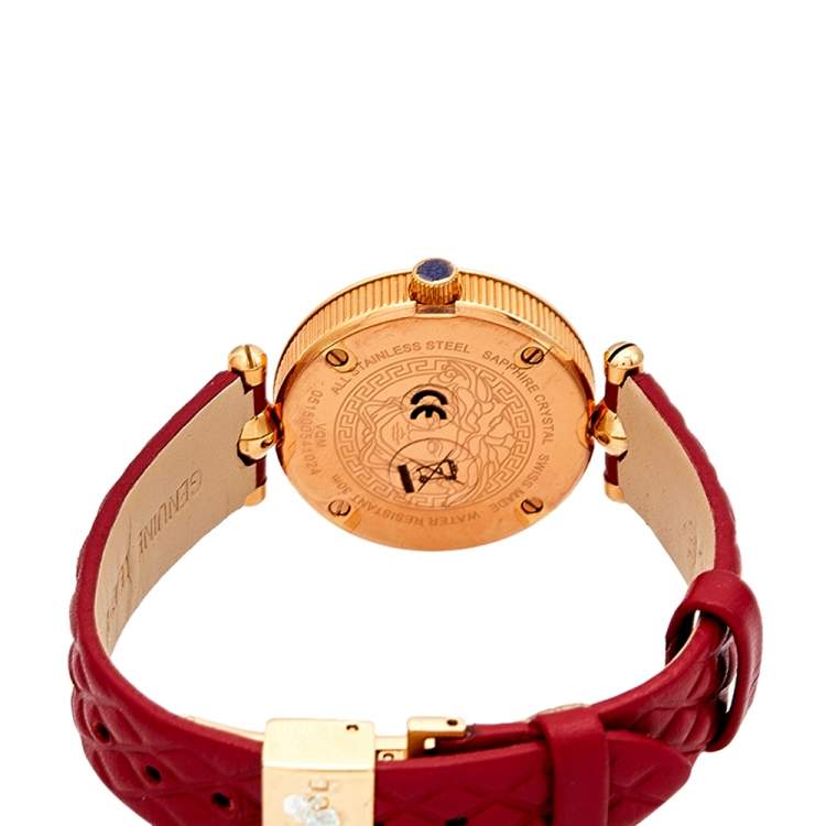 Pre Owned Versace Red Rose Gold Plated Stainless Steel Leather Vanitas VQM Women's Wristwatch 30 mm