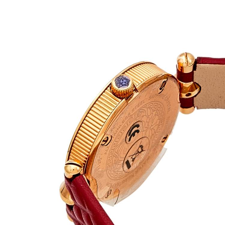 Pre Owned Versace Red Rose Gold Plated Stainless Steel Leather Vanitas VQM Women's Wristwatch 30 mm