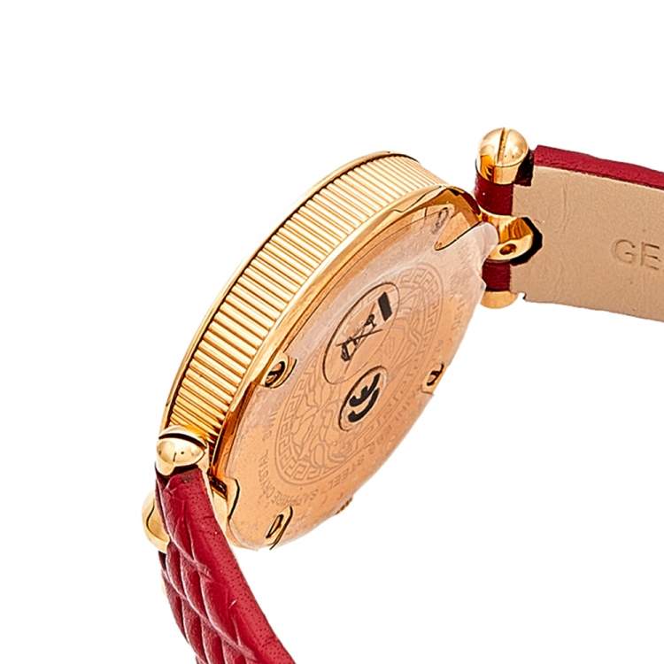 Pre Owned Versace Red Rose Gold Plated Stainless Steel Leather Vanitas VQM Women's Wristwatch 30 mm