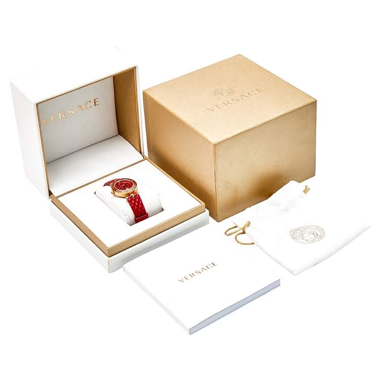 Pre Owned Versace Red Rose Gold Plated Stainless Steel Leather Vanitas VQM Women's Wristwatch 30 mm