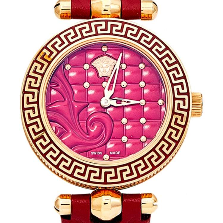 Pre Owned Versace Red Rose Gold Plated Stainless Steel Leather Vanitas VQM Women's Wristwatch 30 mm