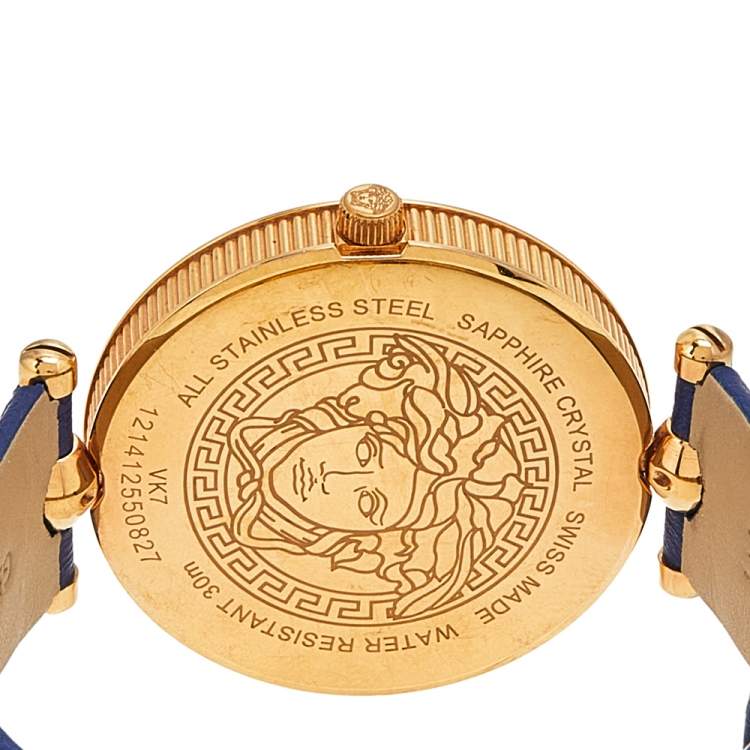 مملوكة مسبقًا Versace Blue Rose Gold Plated Stainless Steel Leather Vanitas VK7 Women's Wristwatch 40 mm