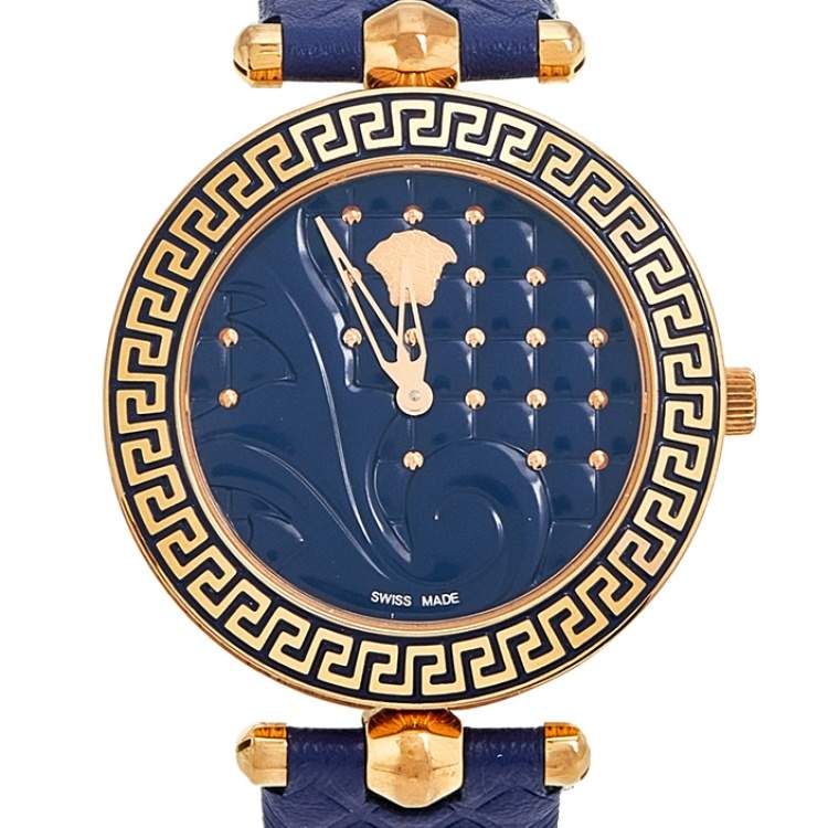 مملوكة مسبقًا Versace Blue Rose Gold Plated Stainless Steel Leather Vanitas VK7 Women's Wristwatch 40 mm