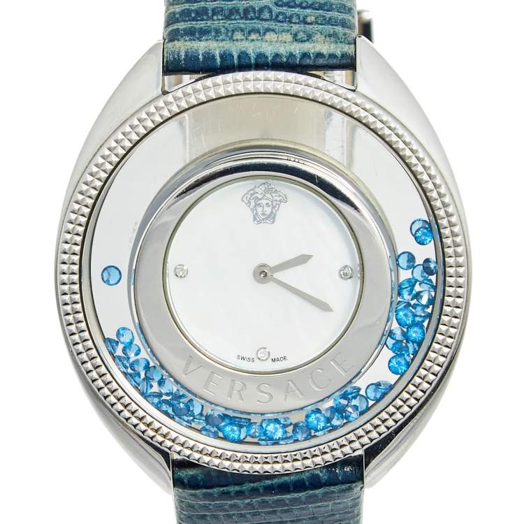 Pre Owned Versace Mother of Pearl Stainless Steel Leather Destiny Spirit VQO030015 Women's Wristwatch 39 mm