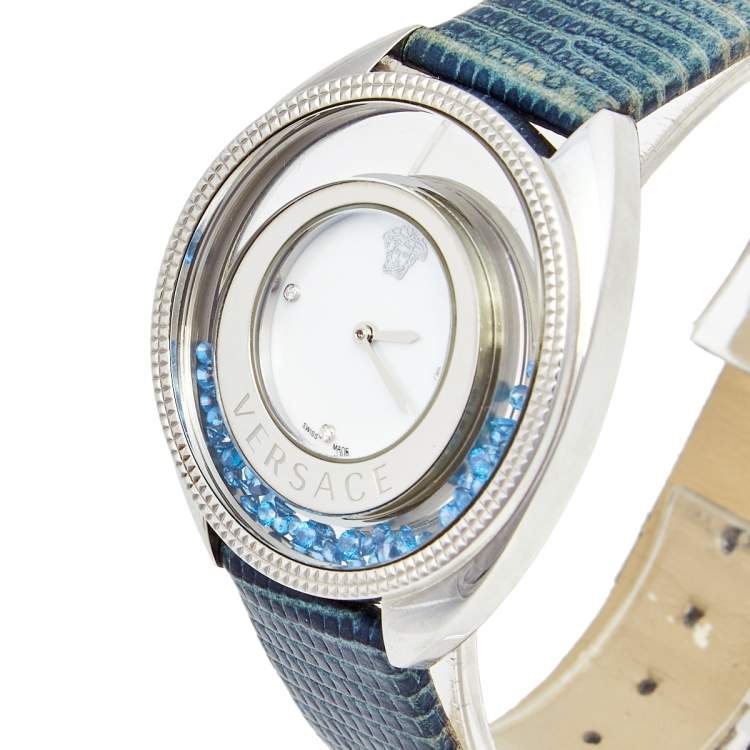Pre Owned Versace Mother of Pearl Stainless Steel Leather Destiny Spirit VQO030015 Women's Wristwatch 39 mm