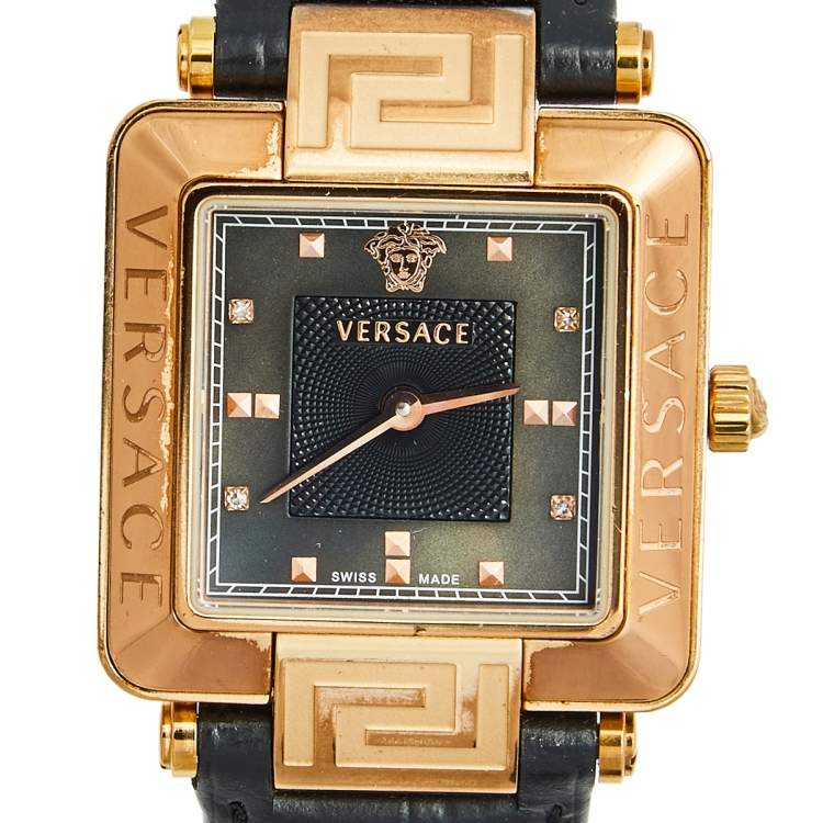 Pre Owned Versace Black Rose Gold Plated Stainless Steel Leather Reve Carre 88Q Women's Wristwatch 30 mm