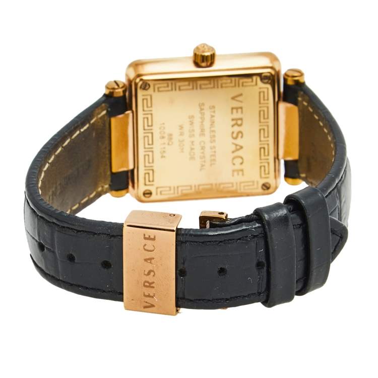 Pre Owned Versace Black Rose Gold Plated Stainless Steel Leather Reve Carre 88Q Women's Wristwatch 30 mm