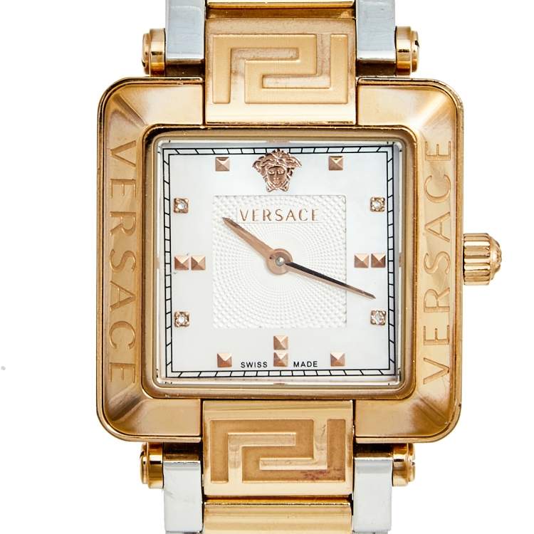 Pre Owned Versace Mother of Pearl Two Tone Stainless Steel Reve Carre 88Q Women's Wristwatch 30 mm