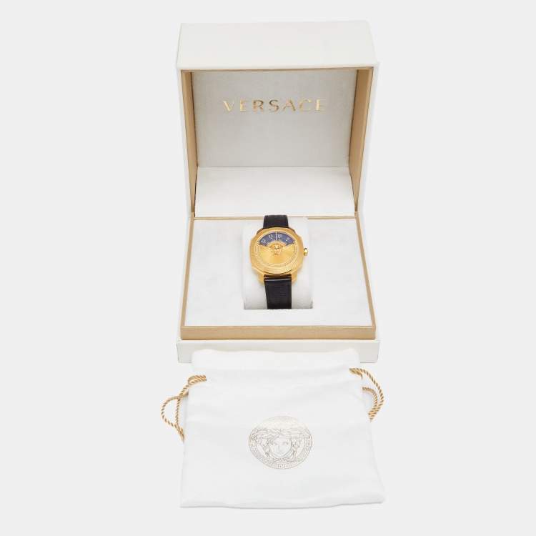 Pre Owned Versace Black Yellow Gold Plated Stainless Steel Leather Dylos VQU Women's Wristwatch 38 mm 