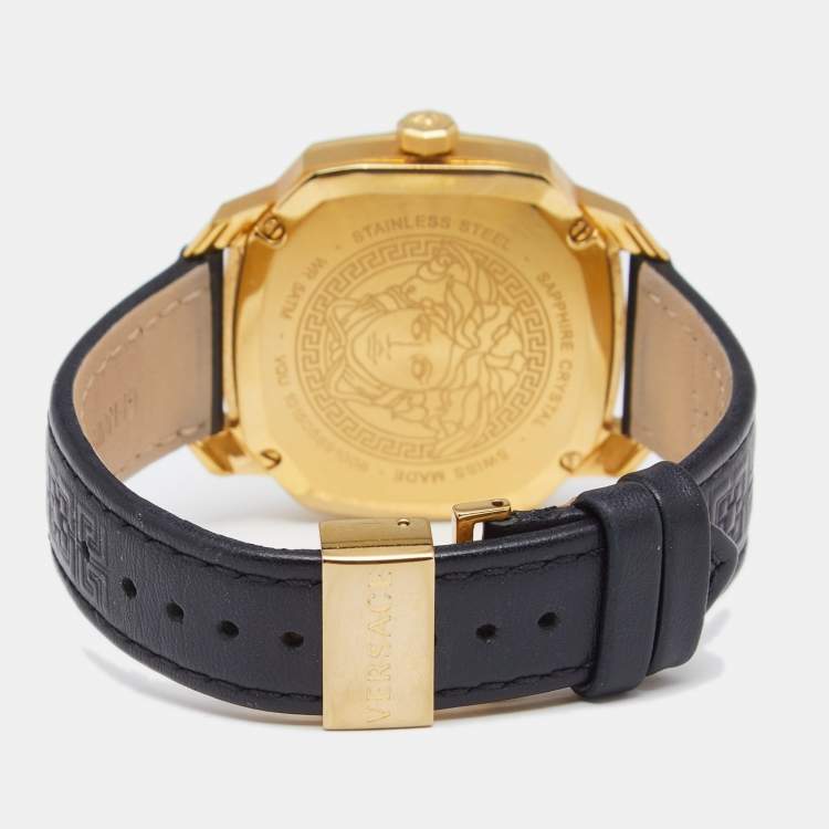 Pre Owned Versace Black Yellow Gold Plated Stainless Steel Leather Dylos VQU Women's Wristwatch 38 mm 