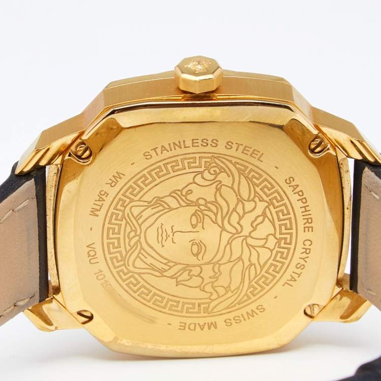 Pre Owned Versace Black Yellow Gold Plated Stainless Steel Leather Dylos VQU Women's Wristwatch 38 mm 
