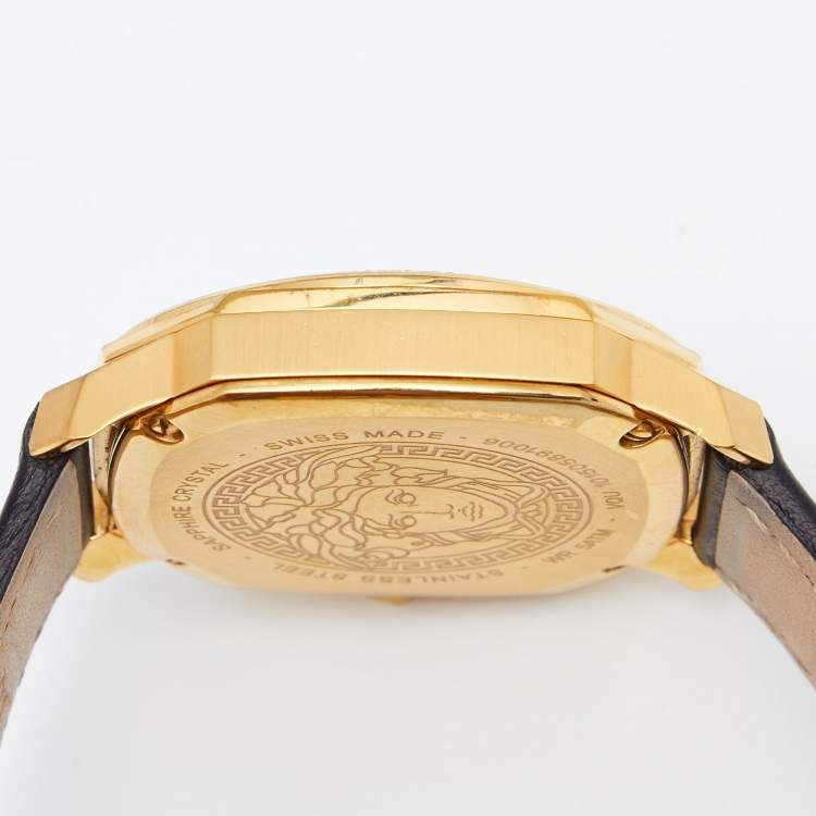 Pre Owned Versace Black Yellow Gold Plated Stainless Steel Leather Dylos VQU Women's Wristwatch 38 mm 