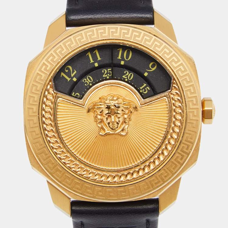 Pre Owned Versace Black Yellow Gold Plated Stainless Steel Leather Dylos VQU Women's Wristwatch 38 mm 