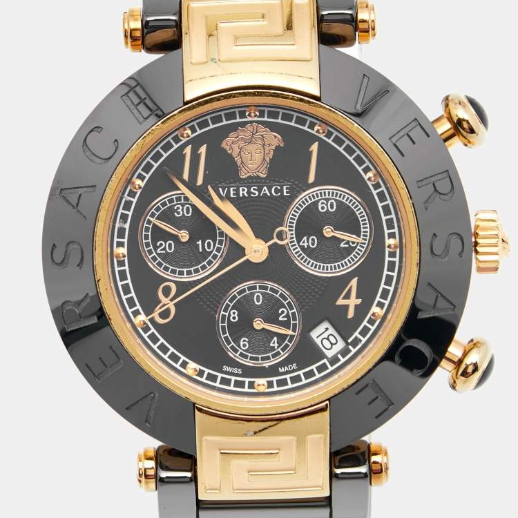 Pre Owned Versace Black Ceramic and Gold Plated Steel Chronograph Reve 95C Women's Wristwatch 40 mm