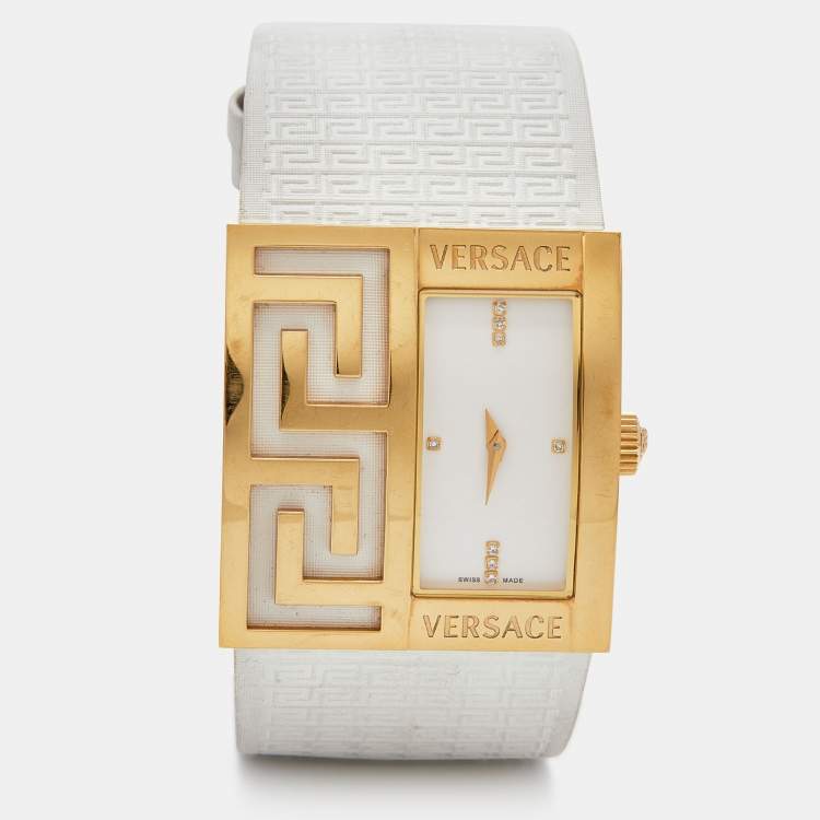 Pre Owned Versace White Gold Tone Stainless Steel V-Greca 64Q Women's Wristwatch 36 mm