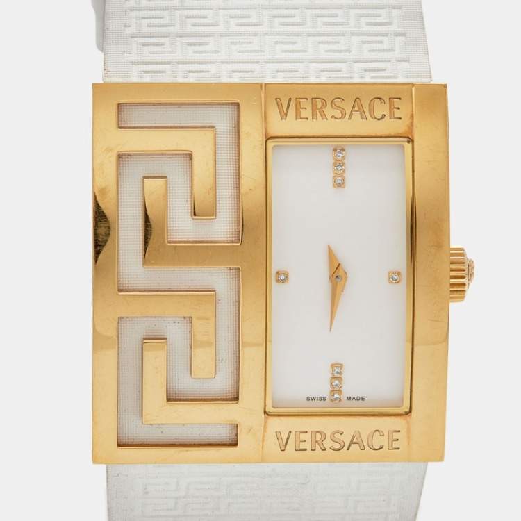 Pre Owned Versace White Gold Tone Stainless Steel V-Greca 64Q Women's Wristwatch 36 mm