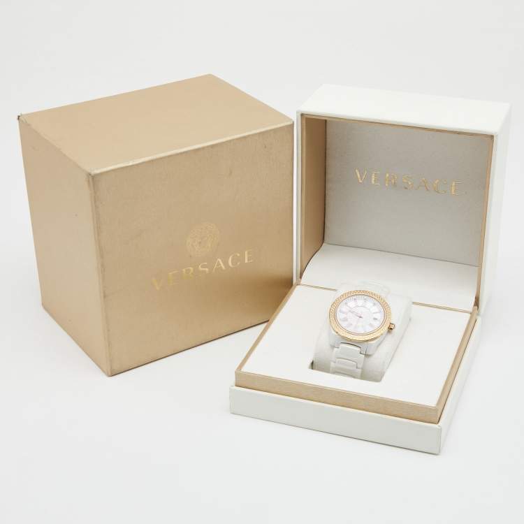 Pre Owned Versace Mother of Pearl Diamond Rose Gold Plated Stainless Steel Ceramic DV One 01AC Women's Wristwatch 41 mm