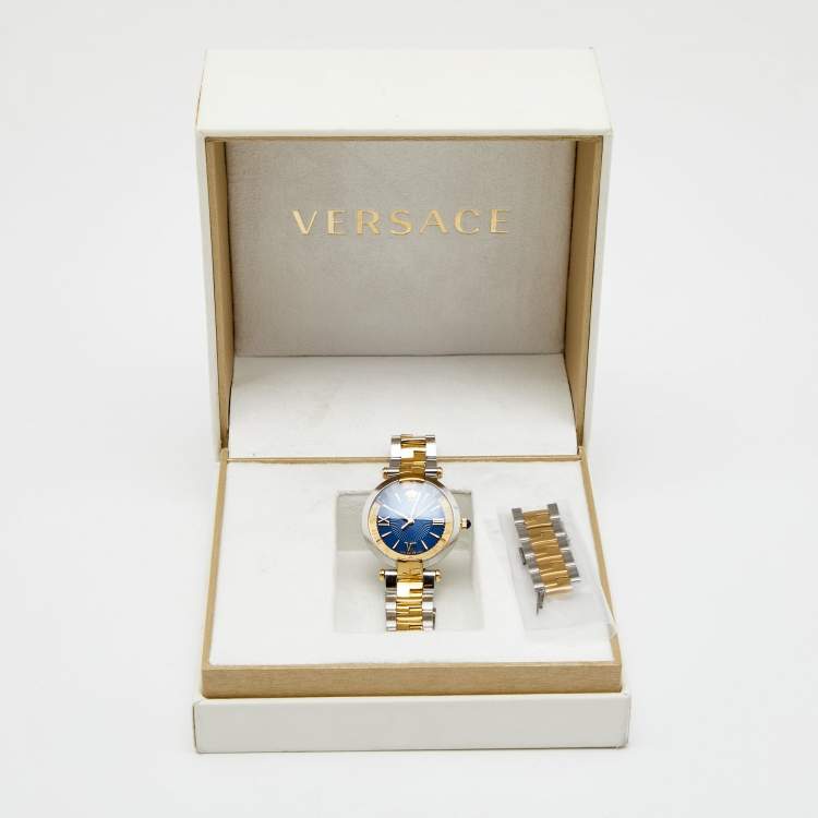 Pre Owned Versace Blue Two Tone Stainless Steel Revive VAI230017 Women's Wristwatch 35 mm