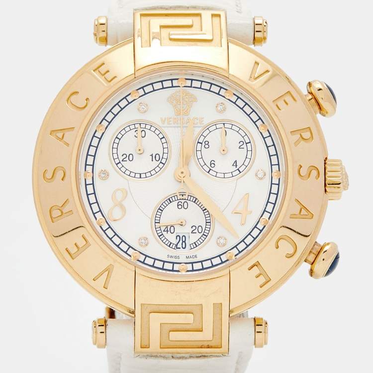 Pre Owned Versace Mother of Pearl Gold Plated Stainless Steel Leather Aion 68C Women's Wristwatch 40 mm