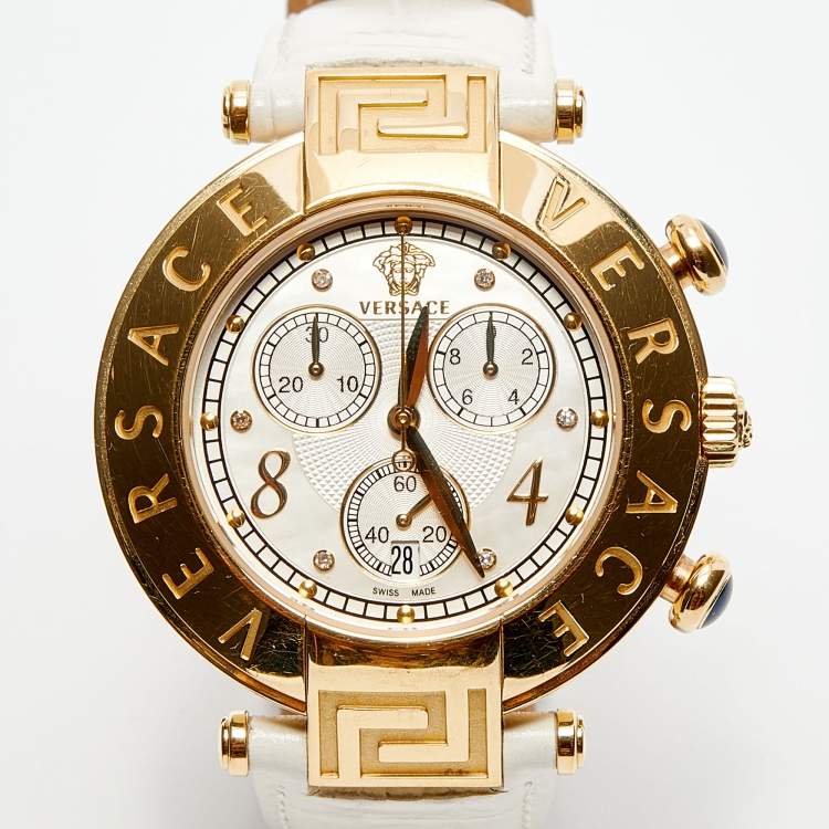 Pre Owned Versace Mother of Pearl Gold Plated Stainless Steel Leather Aion 68C Women's Wristwatch 40 mm