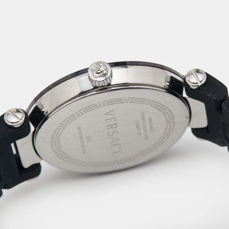Pre Owned Versace Black Ceramic Stainless Steel Rubber Reve 92Q Women's Wristwatch 35 mm