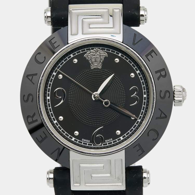 Pre Owned Versace Black Ceramic Stainless Steel Rubber Reve 92Q Women's Wristwatch 35 mm