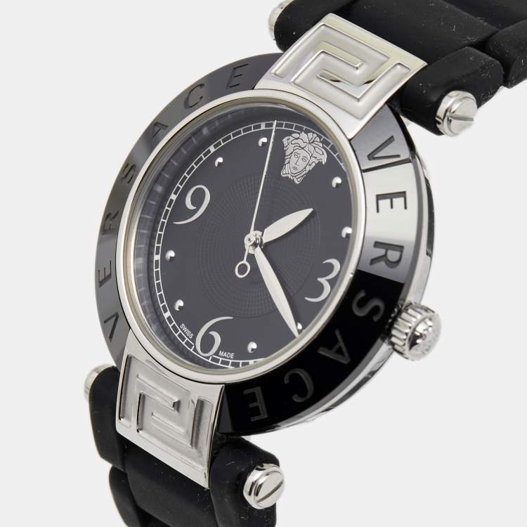 Pre Owned Versace Black Ceramic Stainless Steel Rubber Reve 92Q Women's Wristwatch 35 mm