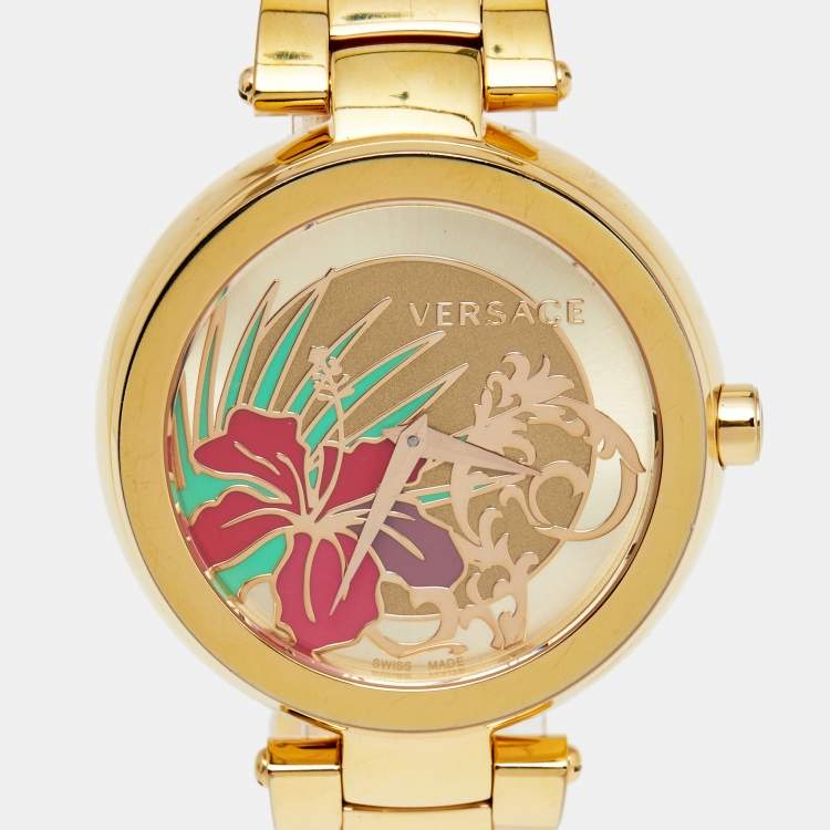 Pre Owned Versace Gold Plated Stainless Steel Mystique Hibiscus I9Q80D2HI-S080 Women's Wristwatch 38 mm