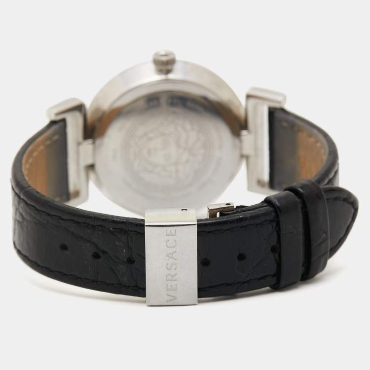 Pre Owned Versace Black Stainless Steel Leather Vanity P5Q Women's Wristwatch 35 mm