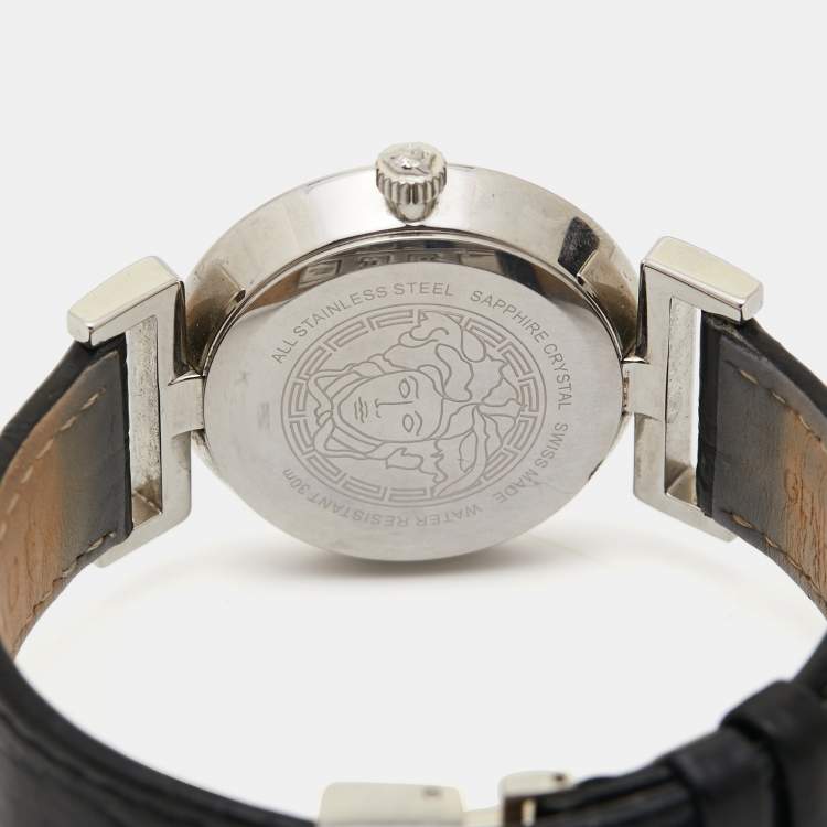 Pre Owned Versace Black Stainless Steel Leather Vanity P5Q Women's Wristwatch 35 mm