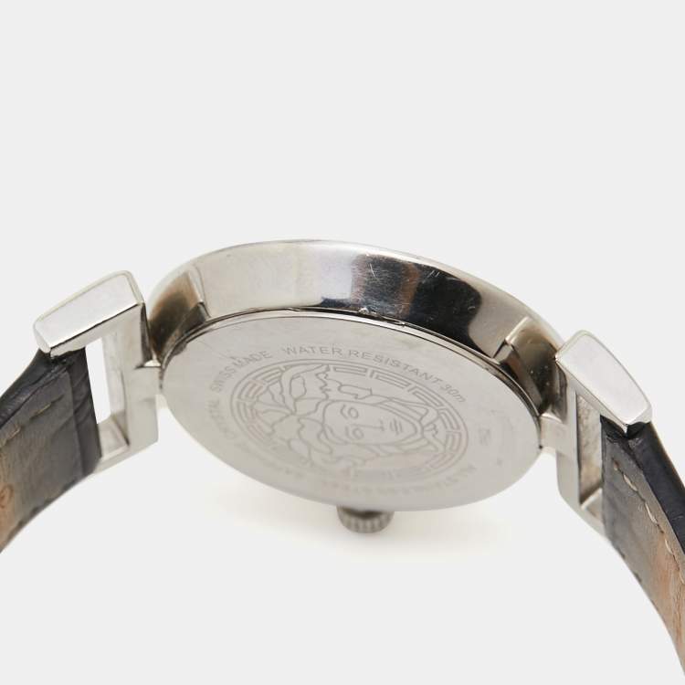 Pre Owned Versace Black Stainless Steel Leather Vanity P5Q Women's Wristwatch 35 mm