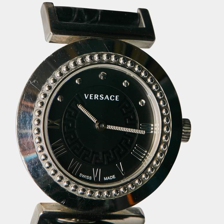 Pre Owned Versace Black Stainless Steel Leather Vanity P5Q Women's Wristwatch 35 mm
