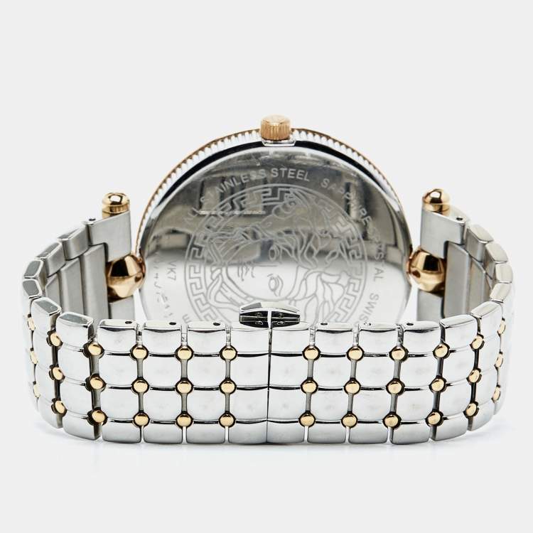 Pre Owned Versace Silver Two Tone Stainless Steel Leather Vanitas VK7 Women's Wristwatch 40 mm 