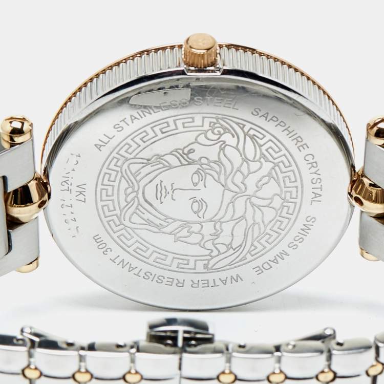 Pre Owned Versace Silver Two Tone Stainless Steel Leather Vanitas VK7 Women's Wristwatch 40 mm 