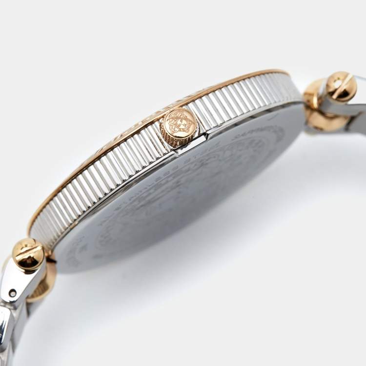 Pre Owned Versace Silver Two Tone Stainless Steel Leather Vanitas VK7 Women's Wristwatch 40 mm 