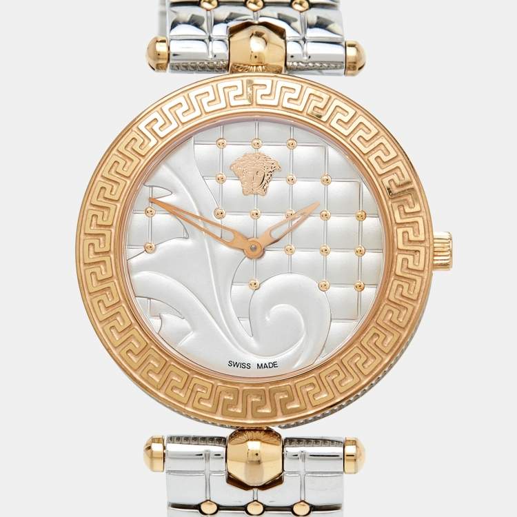 Pre Owned Versace Silver Two Tone Stainless Steel Leather Vanitas VK7 Women's Wristwatch 40 mm 