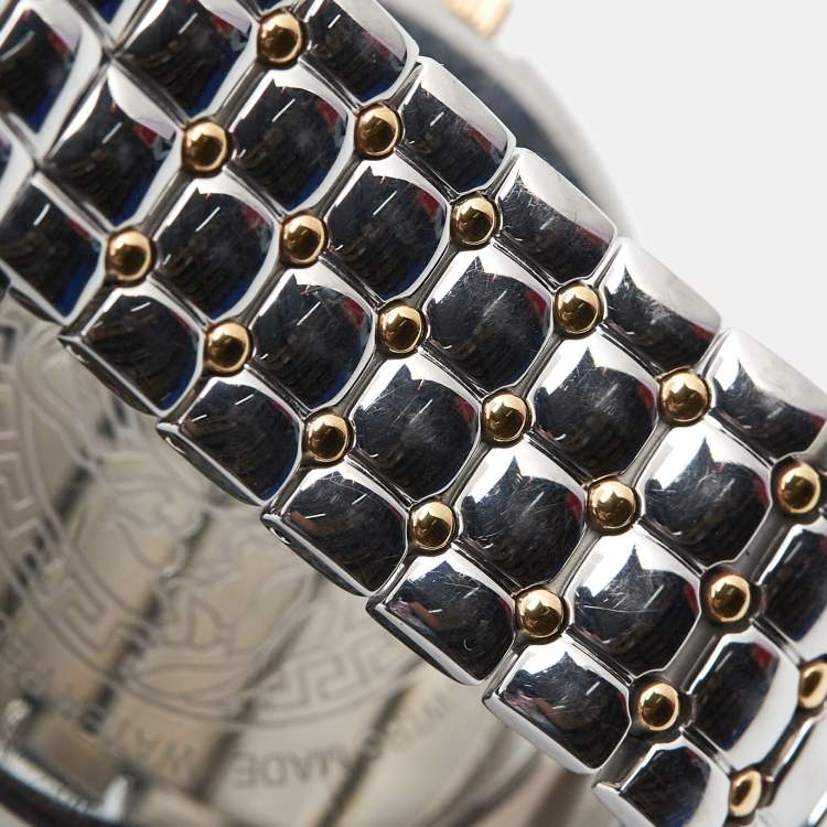 Pre Owned Versace Silver Two Tone Stainless Steel Leather Vanitas VK7 Women's Wristwatch 40 mm 